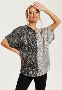 Women’s Monochrome Polka Dot Print Shirt with Short Sleeves, Button-Up Front, Regular Fit, Shirt Collar