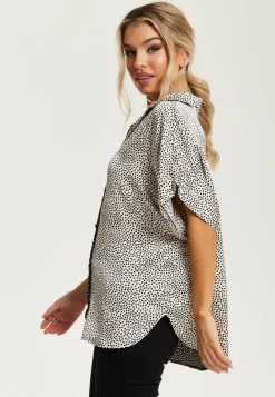 Women’s Monochrome Polka Dot Print Shirt with Short Sleeves, Button-Up Front, Regular Fit, Shirt Collar