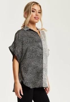 Women’s Monochrome Polka Dot Print Shirt with Short Sleeves, Button-Up Front, Regular Fit, Shirt Collar