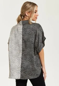 Women’s Monochrome Polka Dot Print Shirt with Short Sleeves, Button-Up Front, Regular Fit, Shirt Collar