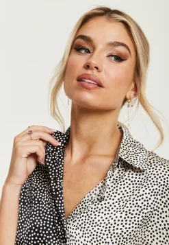 Women’s Monochrome Polka Dot Print Shirt with Short Sleeves, Button-Up Front, Regular Fit, Shirt Collar
