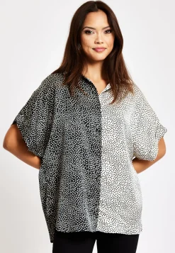 Women’s Monochrome Polka Dot Print Shirt with Short Sleeves, Button-Up Front, Regular Fit, Shirt Collar
