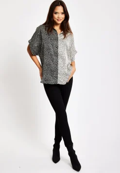 Women’s Monochrome Polka Dot Print Shirt with Short Sleeves, Button-Up Front, Regular Fit, Shirt Collar