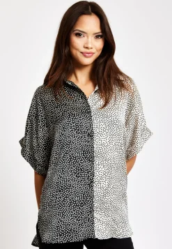 Women’s Monochrome Polka Dot Print Shirt with Short Sleeves, Button-Up Front, Regular Fit, Shirt Collar