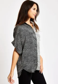 Women’s Monochrome Polka Dot Print Shirt with Short Sleeves, Button-Up Front, Regular Fit, Shirt Collar