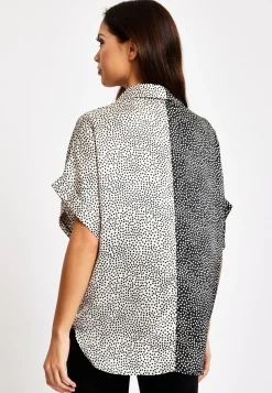 Women’s Monochrome Polka Dot Print Shirt with Short Sleeves, Button-Up Front, Regular Fit, Shirt Collar