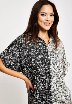 Women’s Monochrome Polka Dot Print Shirt with Short Sleeves, Button-Up Front, Regular Fit, Shirt Collar