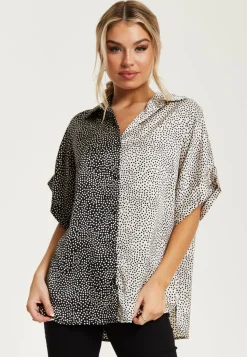 Women’s Monochrome Polka Dot Print Shirt with Short Sleeves, Button-Up Front, Regular Fit, Shirt Collar