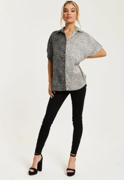 Women’s Monochrome Polka Dot Print Shirt with Short Sleeves, Button-Up Front, Regular Fit, Shirt Collar