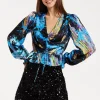 Women’s Multicolour Abstract Print Top - V Neck, Ruched Front, Crop Fit, Long Sleeves, Frill Details