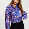 Women's Multicolour Abstract Dot Print Shirt with Balloon Sleeves and Button-Up High Neckline
