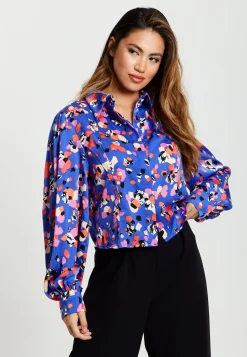 Women's Multicolour Abstract Dot Print Shirt with Balloon Sleeves and Button-Up High Neckline