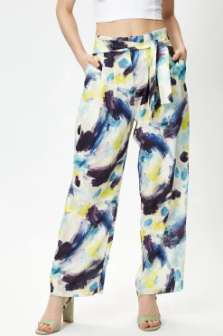 Women's Multicolour Abstract Print High Rise Trousers with Matching Tie Waist and Flattering Fit