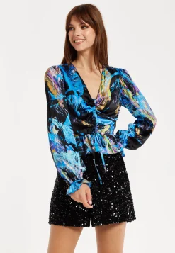 Women’s Multicolour Abstract Print Top - V Neck, Ruched Front, Crop Fit, Long Sleeves, Frill Details