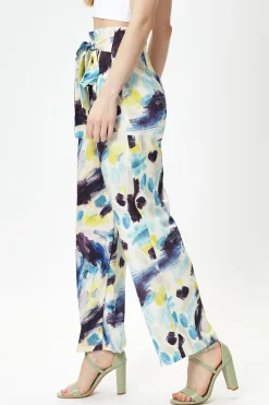 Women's Multicolour Abstract Print High Rise Trousers with Matching Tie Waist and Flattering Fit