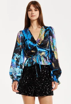 Women’s Multicolour Abstract Print Top - V Neck, Ruched Front, Crop Fit, Long Sleeves, Frill Details