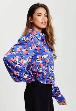 Women's Multicolour Abstract Dot Print Shirt with Balloon Sleeves and Button-Up High Neckline