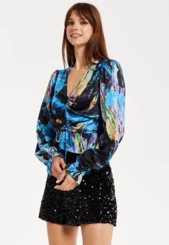 Women’s Multicolour Abstract Print Top - V Neck, Ruched Front, Crop Fit, Long Sleeves, Frill Details