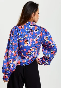 Women's Multicolour Abstract Dot Print Shirt with Balloon Sleeves and Button-Up High Neckline