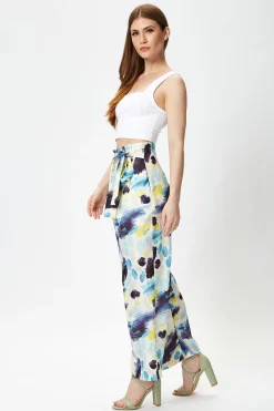 Women's Multicolour Abstract Print High Rise Trousers with Matching Tie Waist and Flattering Fit
