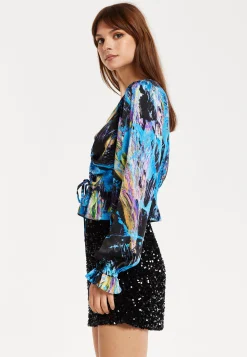 Women’s Multicolour Abstract Print Top - V Neck, Ruched Front, Crop Fit, Long Sleeves, Frill Details