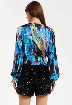 Women’s Multicolour Abstract Print Top - V Neck, Ruched Front, Crop Fit, Long Sleeves, Frill Details