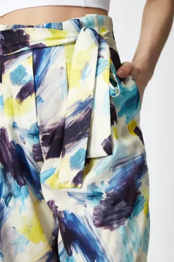 Women's Multicolour Abstract Print High Rise Trousers with Matching Tie Waist and Flattering Fit