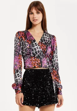 Women's Multicolour Animal Print Wrap Top with Long Sleeves, Deep V-Neckline, and Matching Tie Waist. Perfect for Day Out!