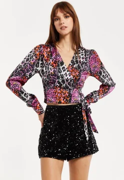 Women's Multicolour Animal Print Wrap Top with Long Sleeves, Deep V-Neckline, and Matching Tie Waist. Perfect for Day Out!
