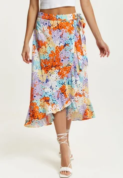 Women's Multicolour Floral Print Midi Wrap Skirt with Frill Details and Asymmetrical Hem by Liquorish