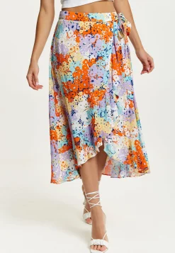Women's Multicolour Floral Print Midi Wrap Skirt with Frill Details and Asymmetrical Hem by Liquorish