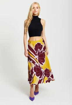 Women's Mustard and Burgundy Geometric Floral Print Midi Skirt with Elasticated Waistband by Liquorish