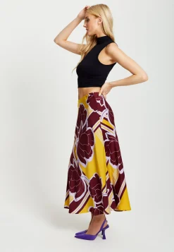 Women's Mustard and Burgundy Geometric Floral Print Midi Skirt with Elasticated Waistband by Liquorish