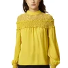 Women's Mustard Long Sleeve Top with Lace Details, High Neck, Tie Back, Regular Fit, Elegant and Stylish