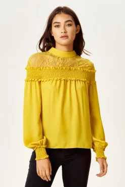 Women's Mustard Long Sleeve Top with Lace Details, High Neck, Tie Back, Regular Fit, Elegant and Stylish