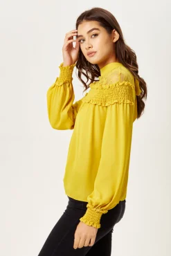 Women's Mustard Long Sleeve Top with Lace Details, High Neck, Tie Back, Regular Fit, Elegant and Stylish
