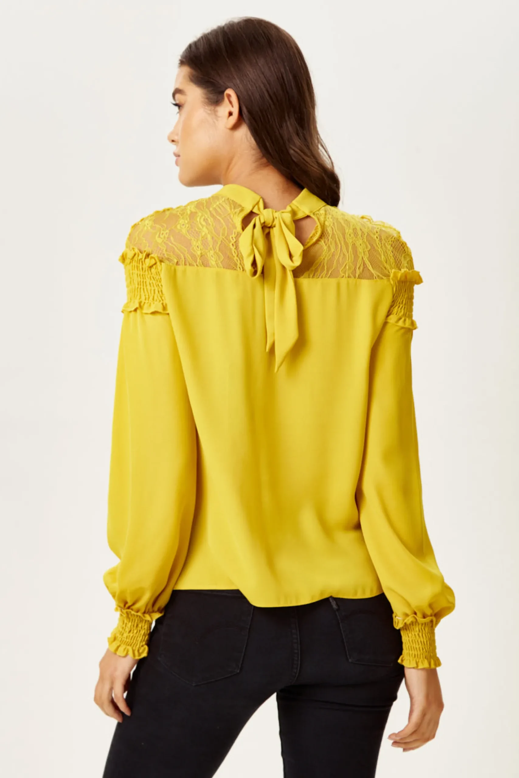 Women's Mustard Long Sleeve Top with Lace Details, High Neck, Tie Back, Regular Fit, Elegant and Stylish