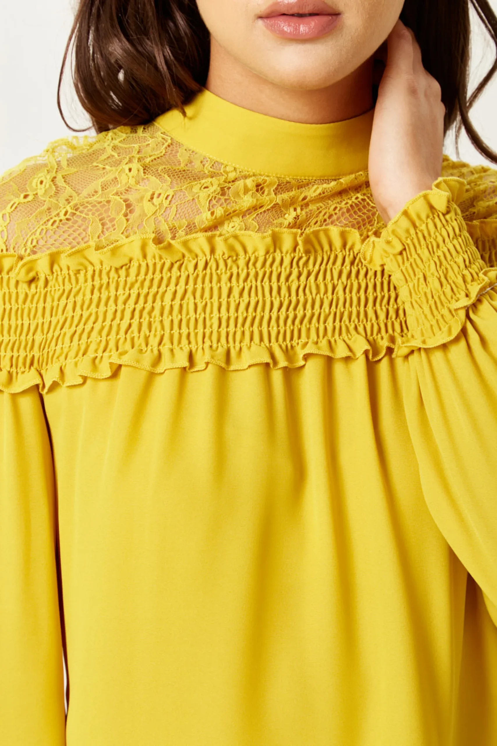 Women's Mustard Long Sleeve Top with Lace Details, High Neck, Tie Back, Regular Fit, Elegant and Stylish