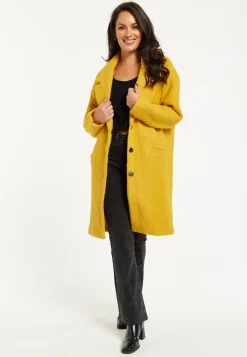 Women's Mustard Yellow Bouclè Coat with Notched Lapels, Relaxed Fit, Deep Side Pockets - Liquorish