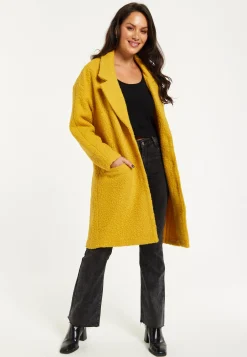 Women's Mustard Yellow Bouclè Coat with Notched Lapels, Relaxed Fit, Deep Side Pockets - Liquorish