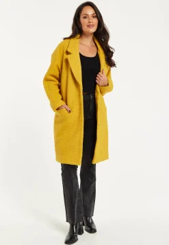 Women's Mustard Yellow Bouclè Coat with Notched Lapels, Relaxed Fit, Deep Side Pockets - Liquorish