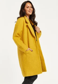 Women's Mustard Yellow Bouclè Coat with Notched Lapels, Relaxed Fit, Deep Side Pockets - Liquorish
