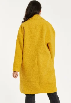Women's Mustard Yellow Bouclè Coat with Notched Lapels, Relaxed Fit, Deep Side Pockets - Liquorish