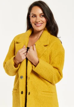 Women's Mustard Yellow Bouclè Coat with Notched Lapels, Relaxed Fit, Deep Side Pockets - Liquorish