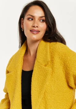 Women's Mustard Yellow Bouclè Coat with Notched Lapels, Relaxed Fit, Deep Side Pockets - Liquorish