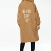 Women's Never Give up Parka in Camel with Eye-catching Embroidery, Oversized Hood, and Functional Design Features