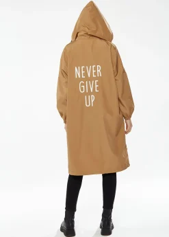 Women's Never Give up Parka in Camel with Eye-catching Embroidery, Oversized Hood, and Functional Design Features