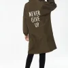 Women's Never Give Up Parka in Khaki with Full-Length Sleeves, Eye-Catching Embroidery, and Practical Side Pockets