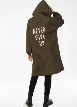 Women's Never Give Up Parka in Khaki with Full-Length Sleeves, Eye-Catching Embroidery, and Practical Side Pockets