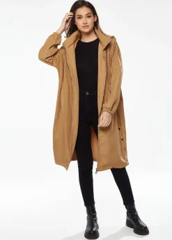Women's Never Give up Parka in Camel with Eye-catching Embroidery, Oversized Hood, and Functional Design Features